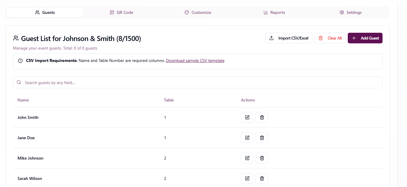 Guest Management Interface - DigiSeats guest list management dashboard