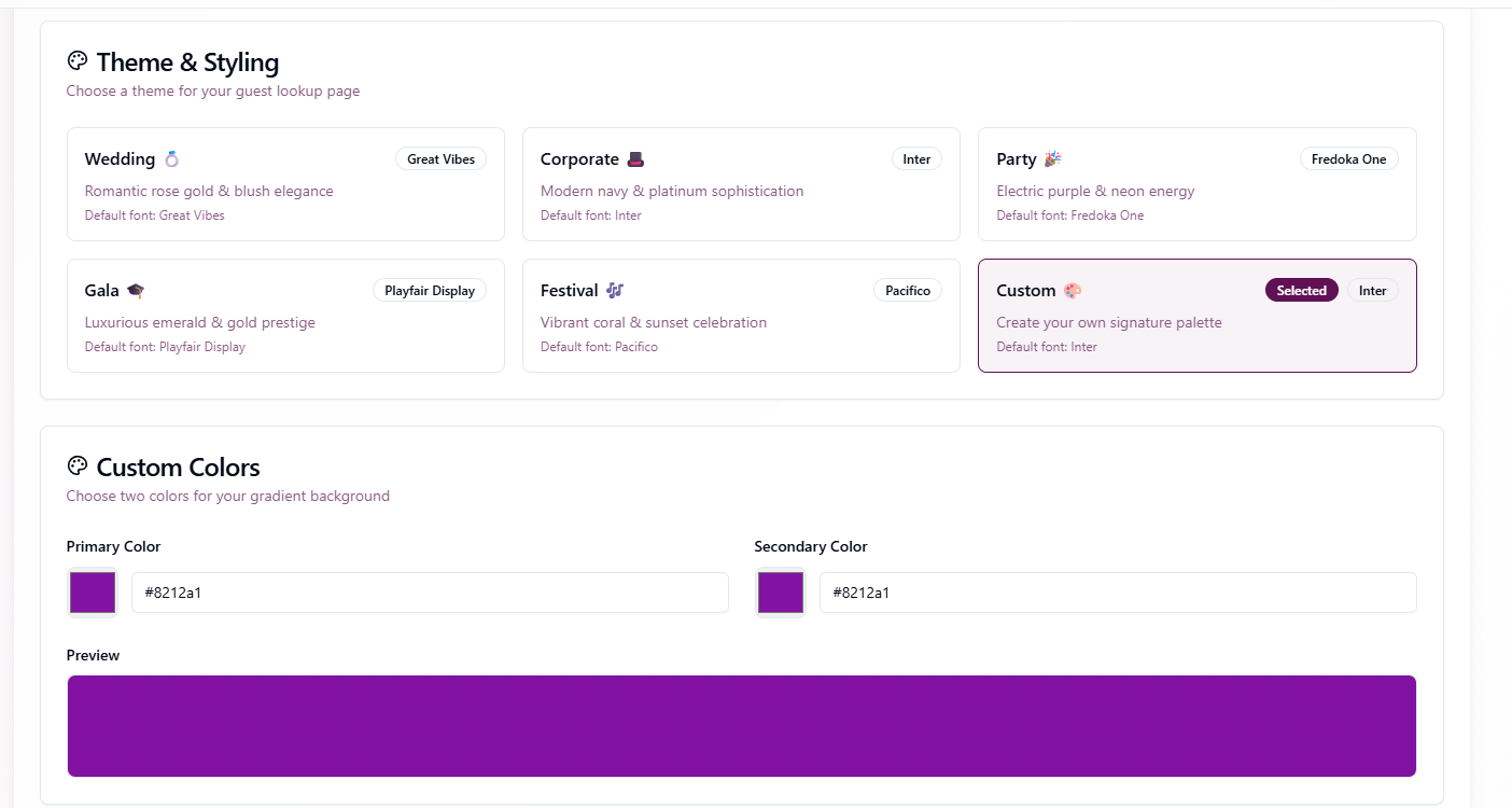 Theme & Styling Interface - DigiSeats theme customization dashboard